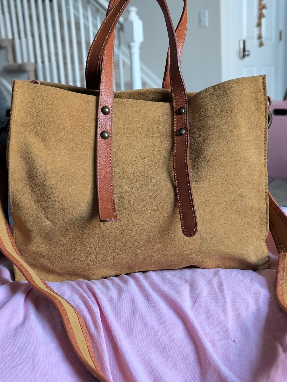 Sundance Suede Shoulder Tote in Tan with Brown Leather Straps